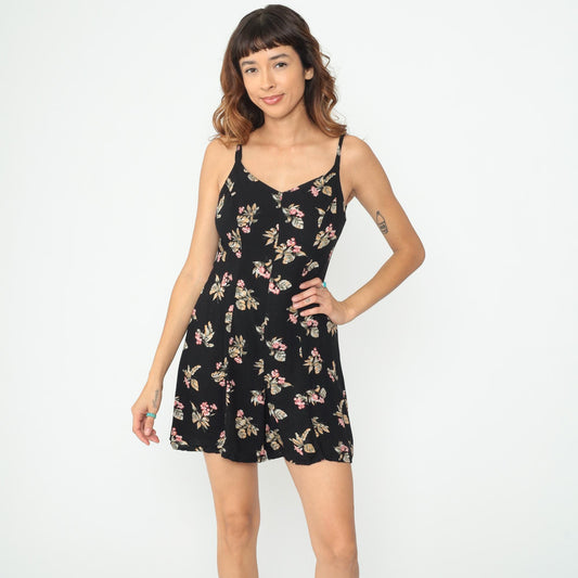 90s Black Floral Romper Sleeveless Wide Leg Playsuit Small S