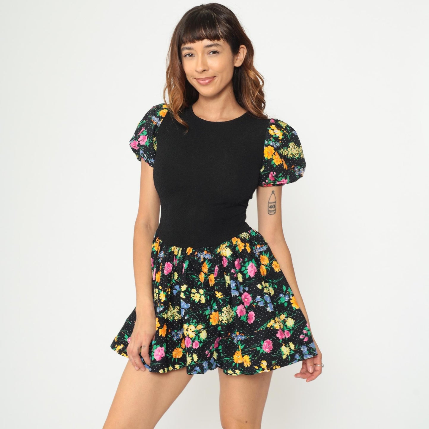 90s Amy Too Mini Dress Black Floral Polka Dot Puff Sleeve Drop Waist Extra Small XS