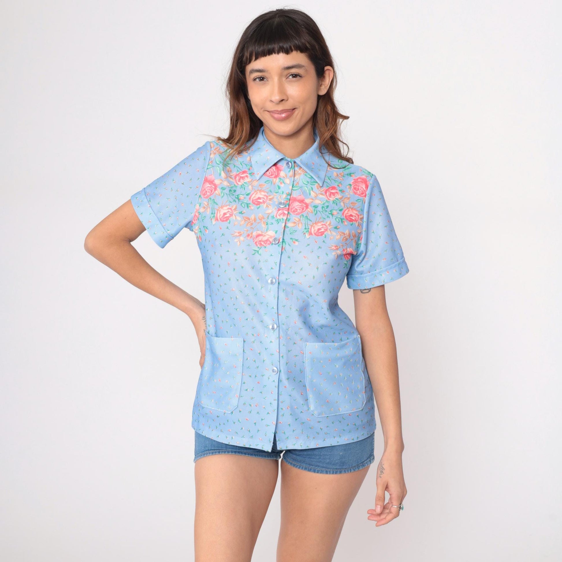 70s Light Blue Floral Shirt Pink Roses Button Up Short Sleeve Medium