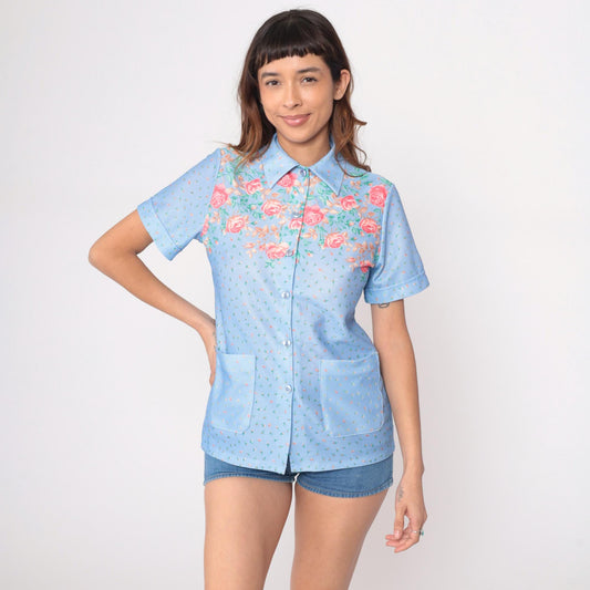 70s Light Blue Floral Shirt Pink Roses Button Up Short Sleeve Medium