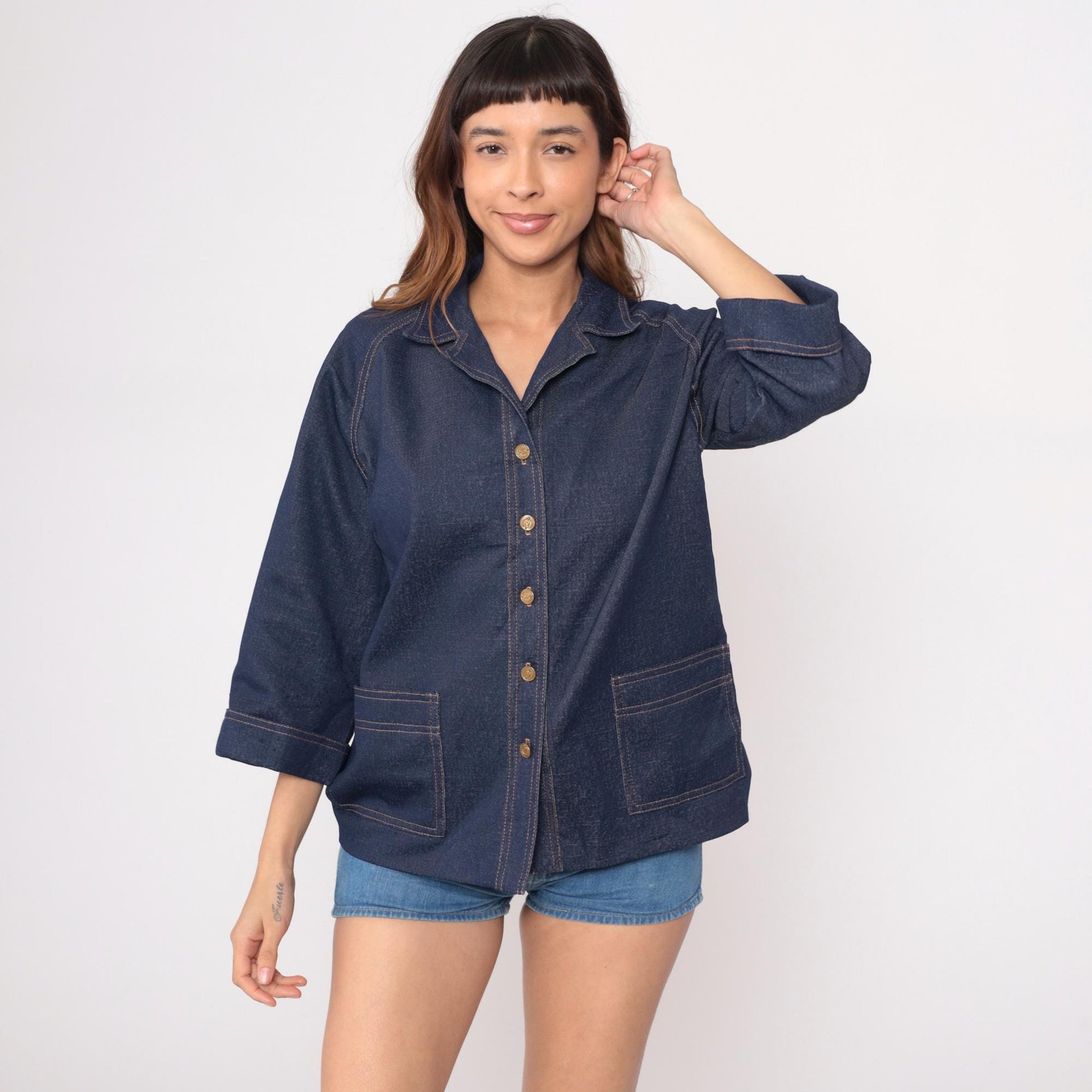 70s Graff Denim Blazer Dark Blue Wide Collar Gold Buttons Three Quarter Sleeve Medium