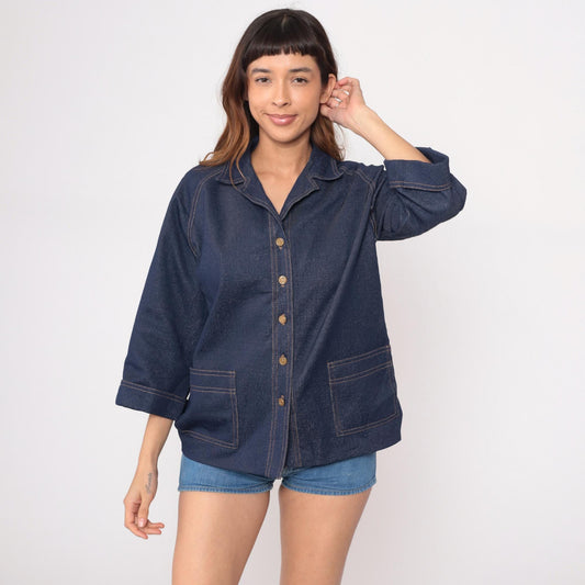 70s Graff Denim Blazer Dark Blue Wide Collar Gold Buttons Three Quarter Sleeve Medium