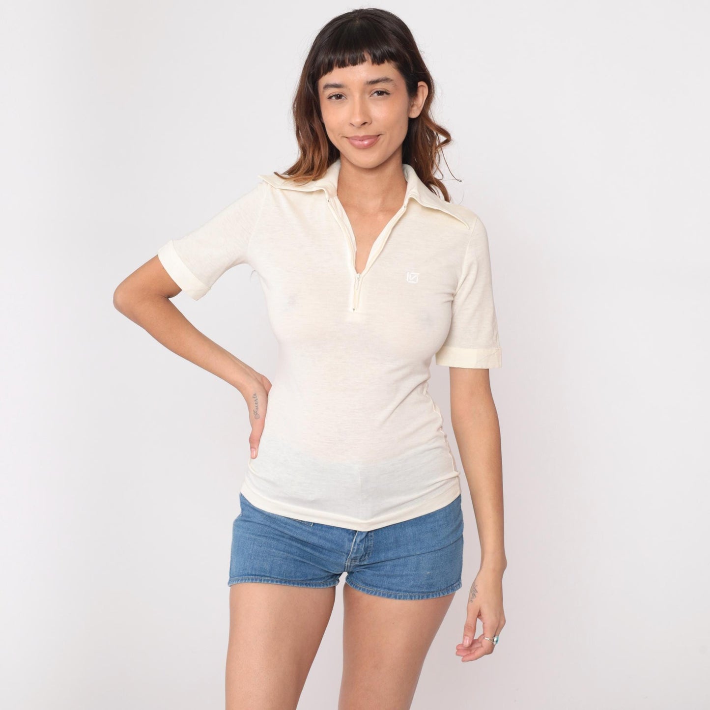 70s Cream Polo Shirt Half-Zip Pointed Collar Short Sleeve Small S