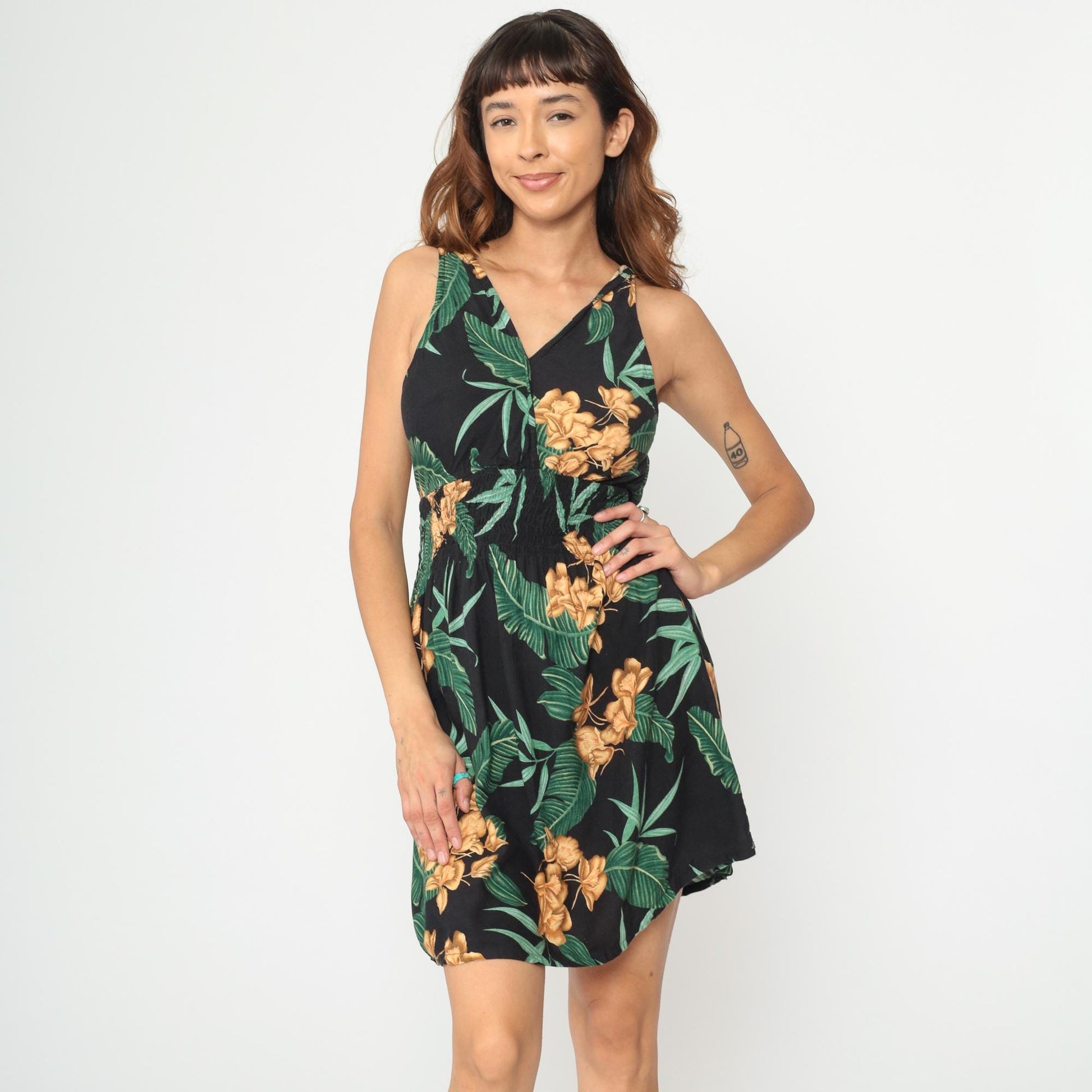 Y2K Hula Bay Tropical Floral Mini Dress Black Rayon V-Neck Large L