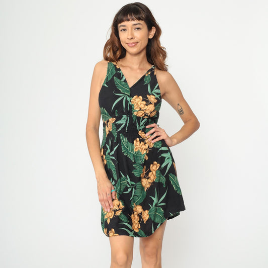 Y2K Hula Bay Tropical Floral Mini Dress Black Rayon V-Neck Large L