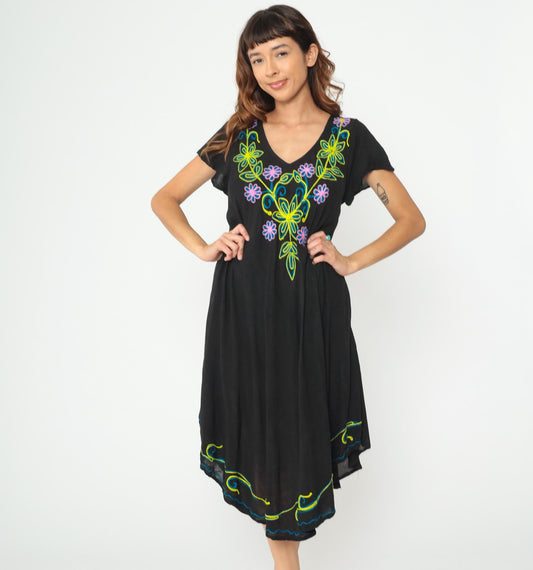 Y2K Black Midi Dress Exist Floral Embroidery V-Neck Asymmetric Hem One Size