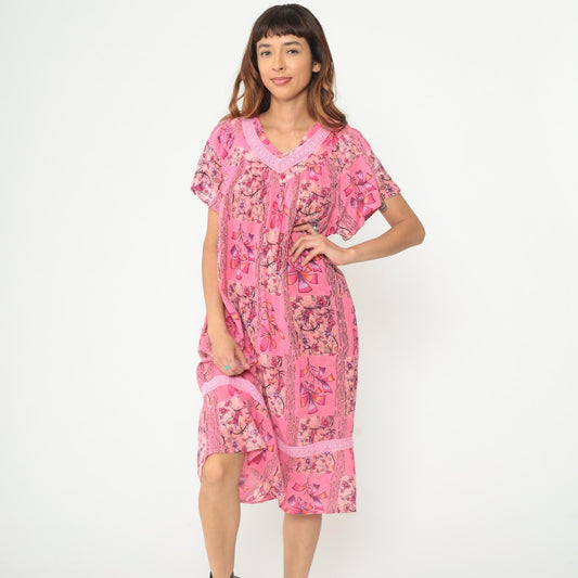 90s Longees Floral Midi Dress Pink Cotton V-Neck Tiered Ruffle Medium