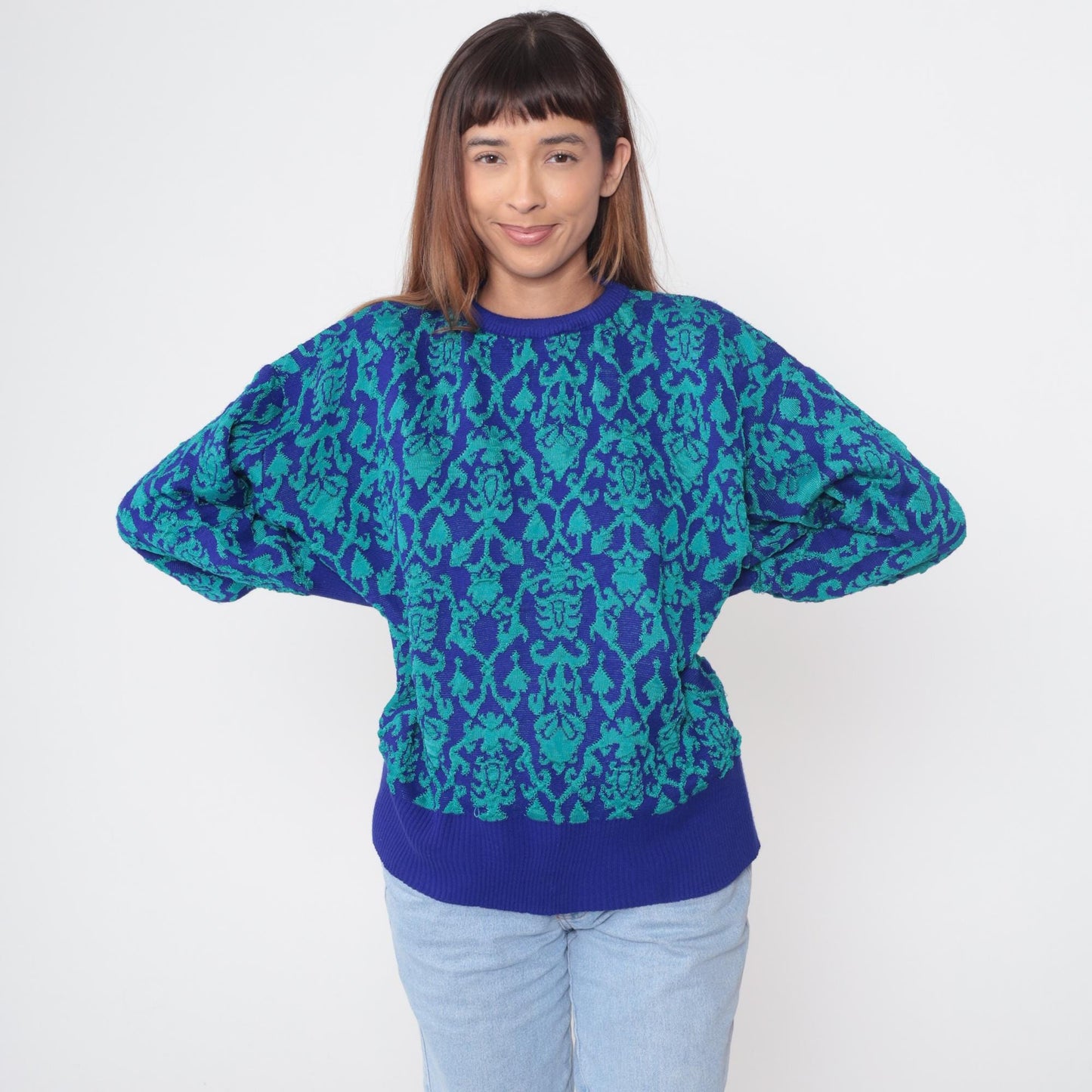 90s Carole Little Floral Damask Crew Neck Sweater Blue Teal Medium M