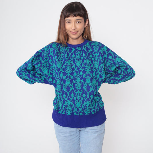 90s Carole Little Floral Damask Crew Neck Sweater Blue Teal Medium M