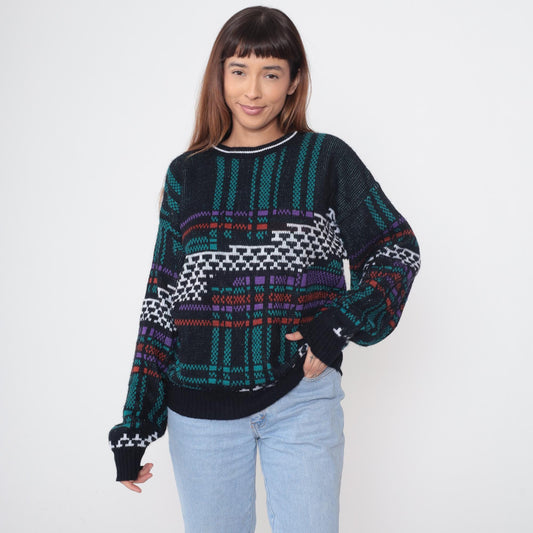 80s Weeds Tribal Geometric Sweater Black Teal Purple Crew Neck Extra Large