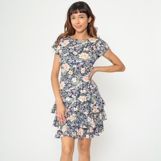 90s Floral Mini Dress Navy Peach Green Open Back Cap Sleeve Small