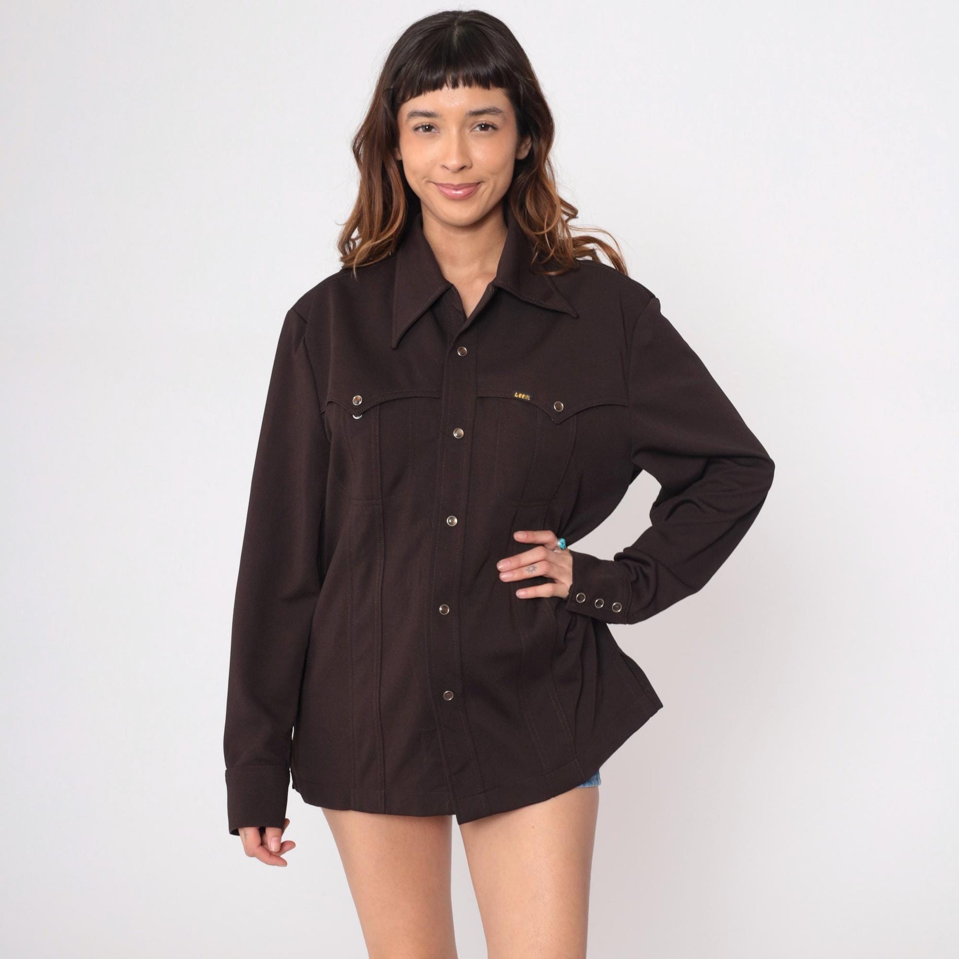 70s Lee Western Shirt Snap Button Black Pointed Collar Unisex Medium