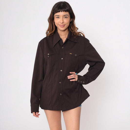 70s Lee Western Shirt Snap Button Black Pointed Collar Unisex Medium