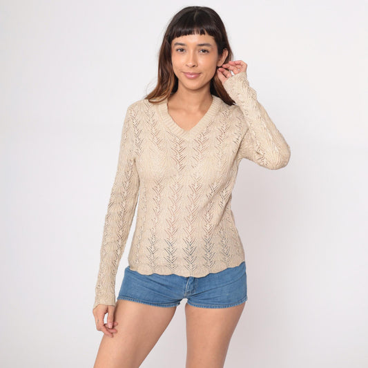 80s Vivanti Pointelle Sweater Cream Cotton V-Neck Chevron Knit Medium M