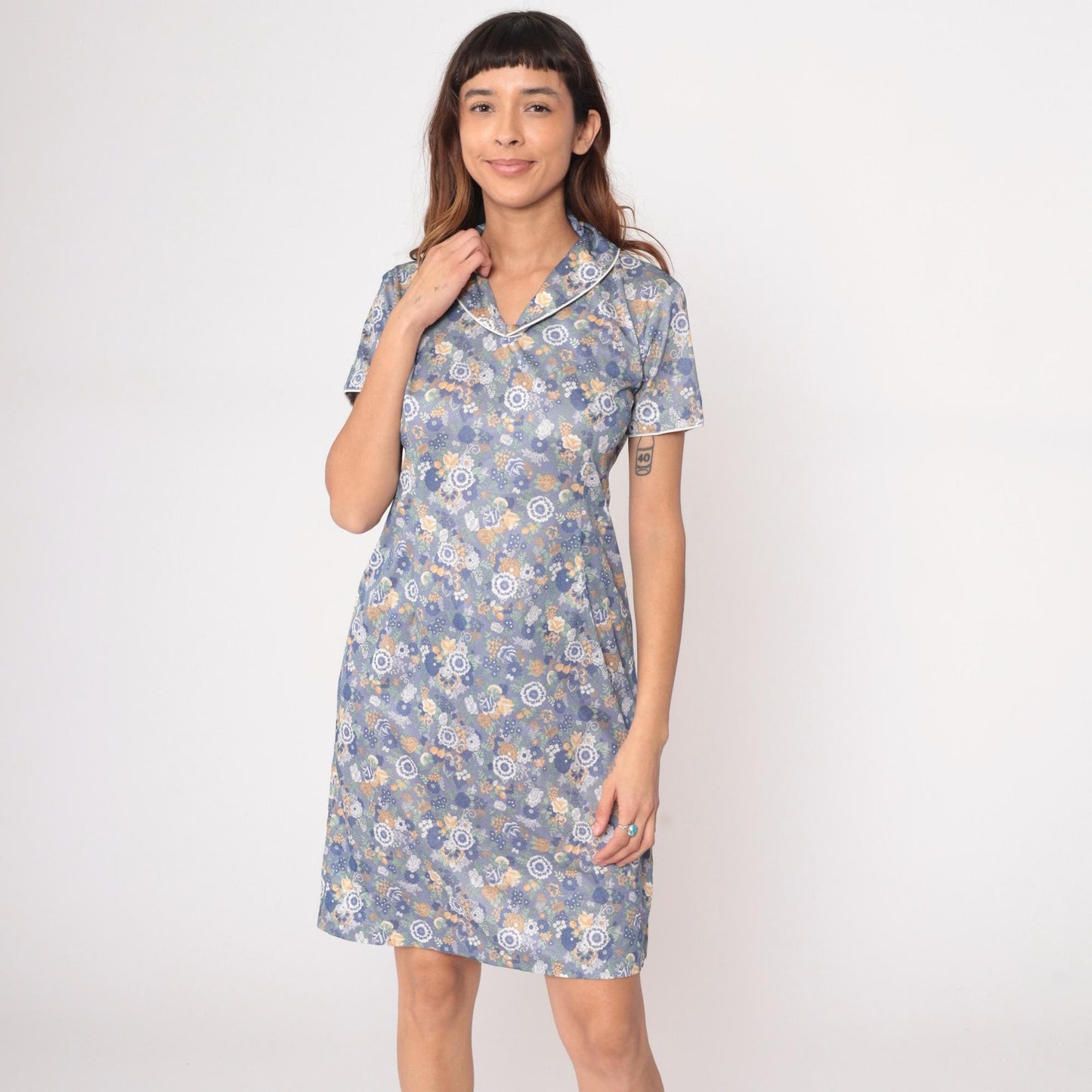 70s Floral Day Dress Blue Knee-Length Button Front Collared Botanical Print Medium