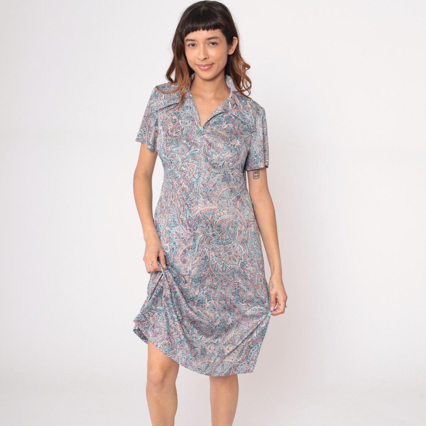 70s Paisley Zipper Front Dress Collared A-Line Blue Pink Cream Large L
