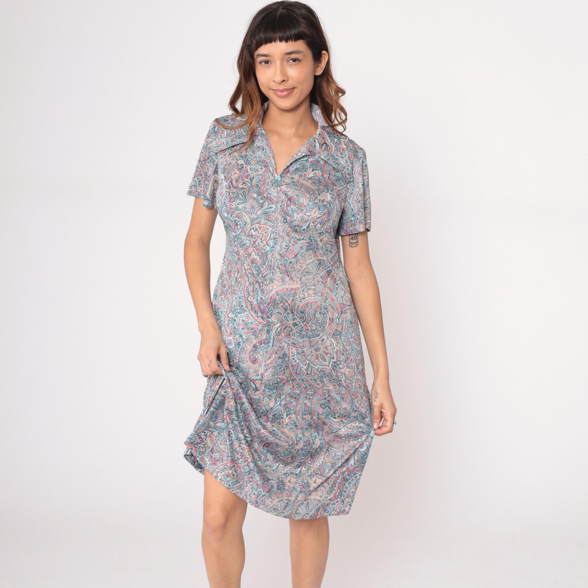 70s Paisley Zipper Front Dress Collared A-Line Blue Pink Cream Large L