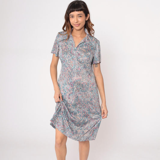 70s Paisley Zipper Front Dress Collared A-Line Blue Pink Cream Large L