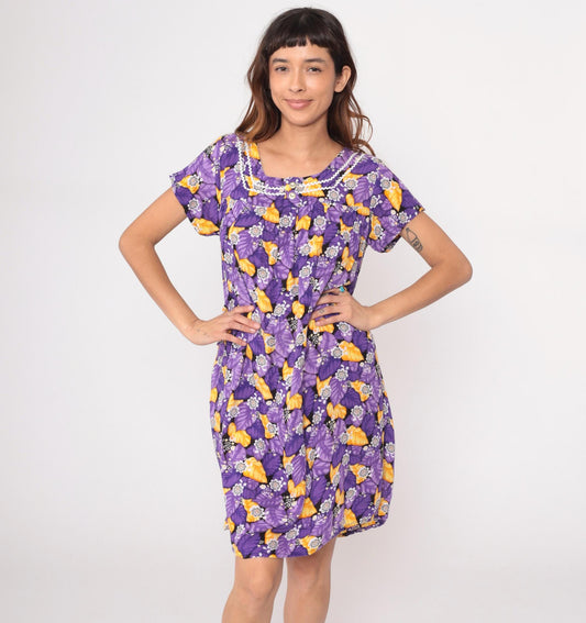 80s Purple Floral Rayon Shift Dress Rickrack Trim Yellow Flowers Large