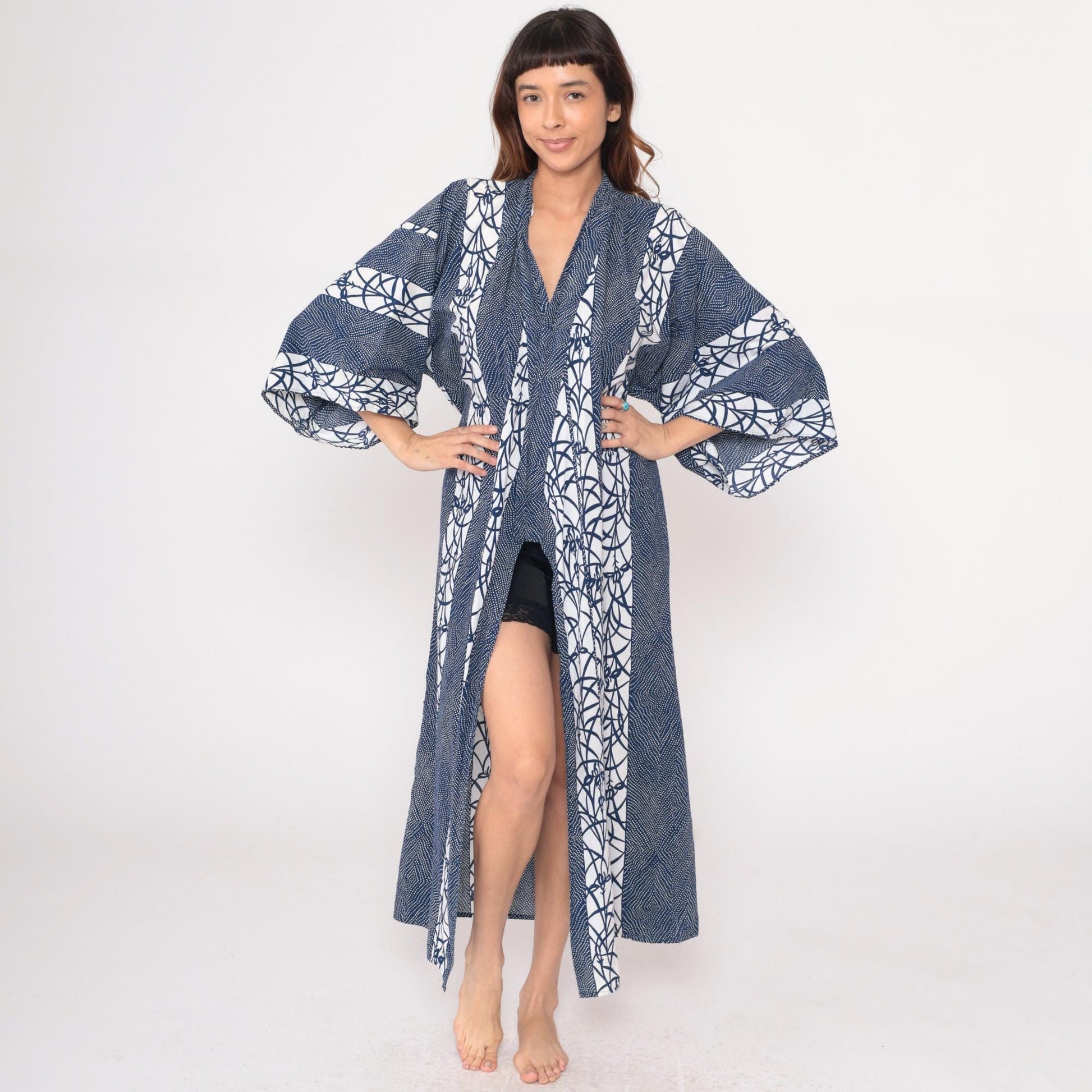 70s Navy Blue White Geometric Kimono Robe Maxi Cotton Wrap Large L