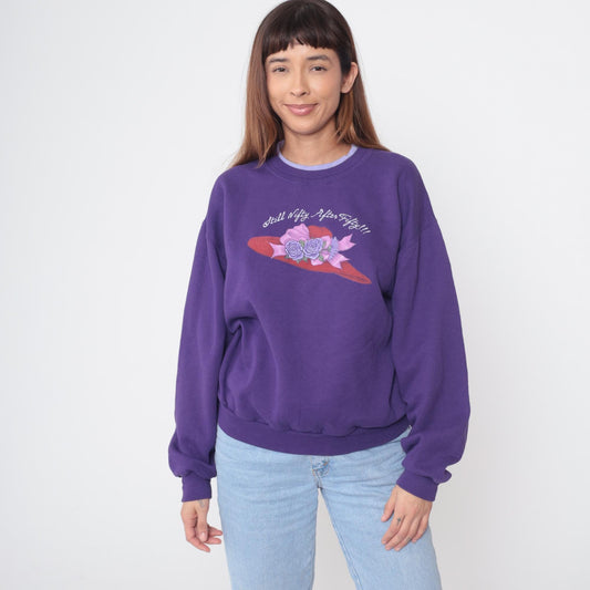90s Morning Sun Purple Sweatshirt Red Hat Lady Graphic Crewneck Medium M