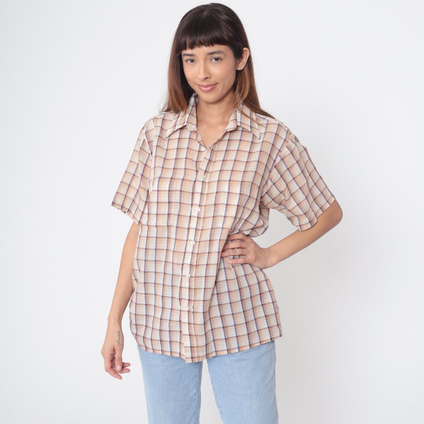 80s Van Heusen Plaid Button-Up Shirt Beige Brown Blue Check Medium