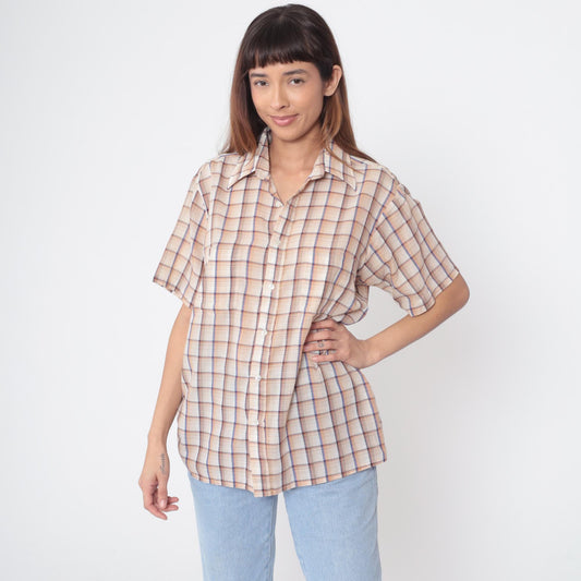 80s Van Heusen Plaid Button-Up Shirt Beige Brown Blue Check Medium