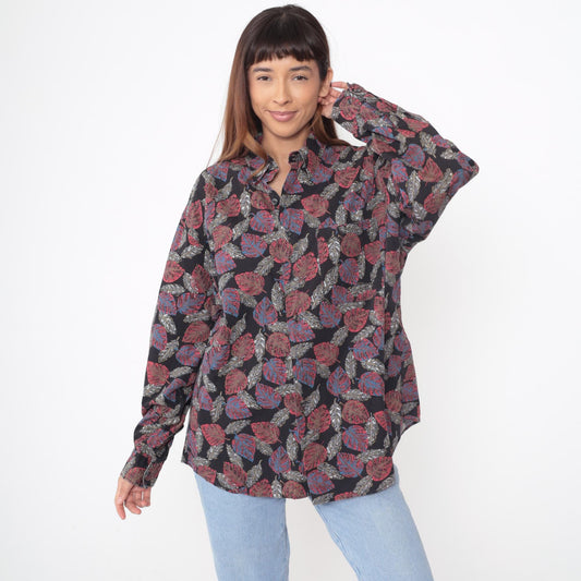 90s Henry Grethel Black Leaf Print Button-Up Shirt Cotton Extra Large