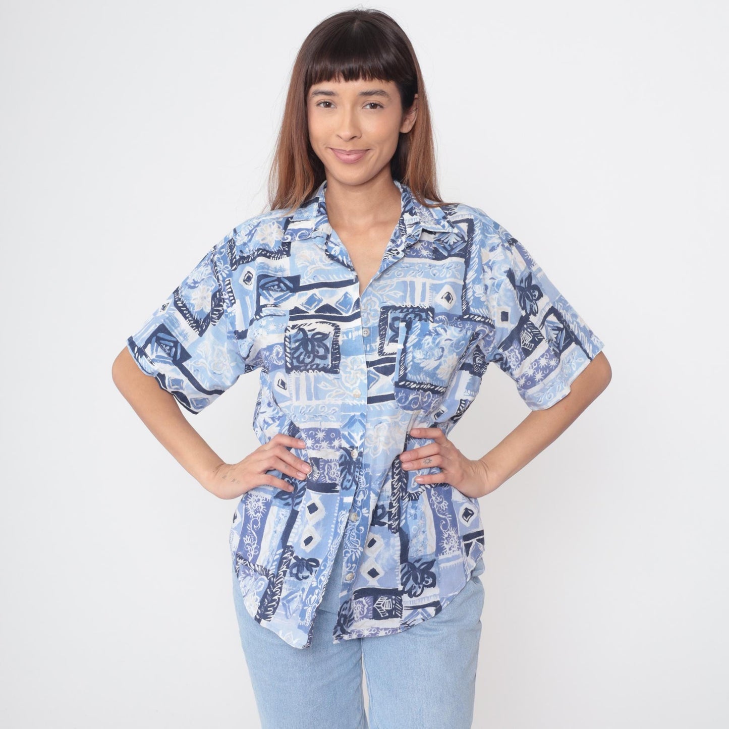 90s Casey & Max Blue Patchwork Shirt Geometric Floral Abstract Print Medium
