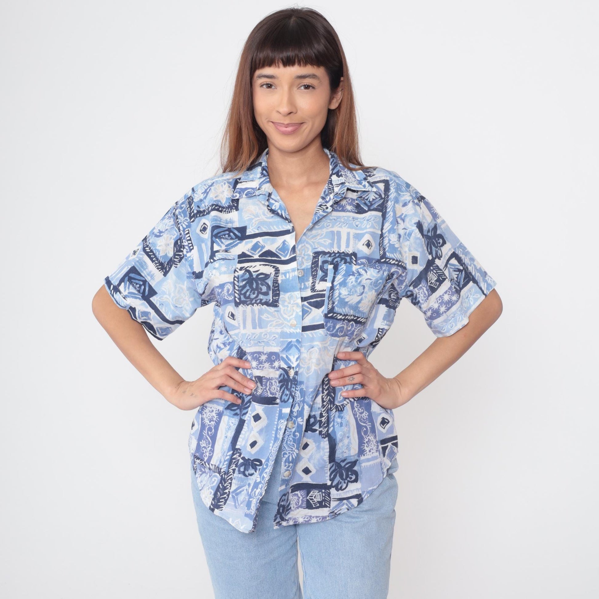 90s Casey & Max Blue Patchwork Shirt Geometric Floral Abstract Print Medium