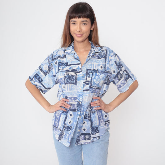 90s Casey & Max Blue Patchwork Shirt Geometric Floral Abstract Print Medium