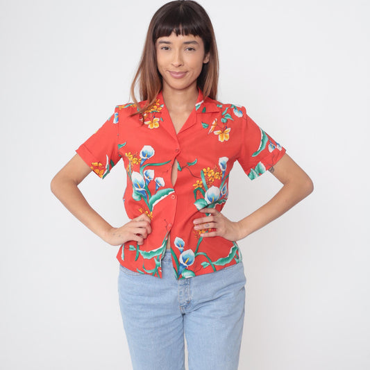 80s Hawaiian Shirt Red Floral Calla Lily Print Button Up Short Sleeve Medium