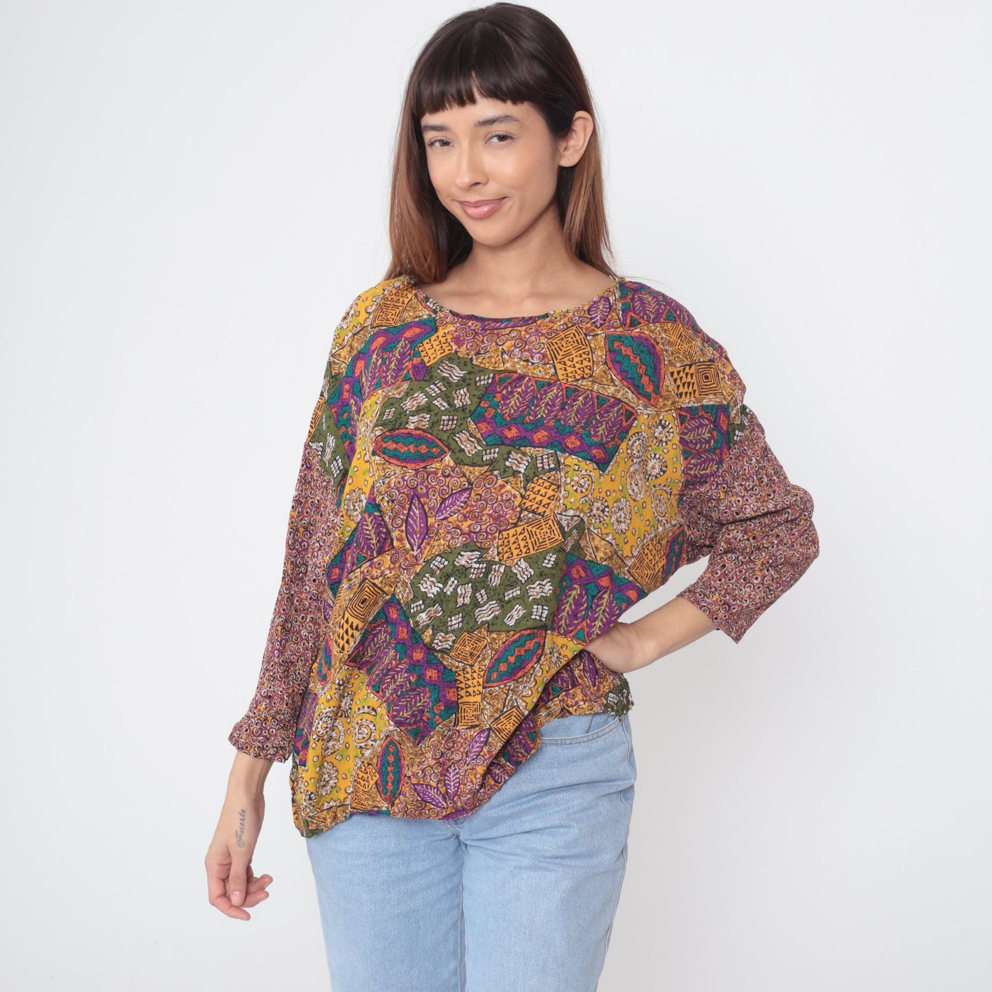 Y2K Multicolor Abstract Patchwork Rayon Shirt Long Sleeve Large L