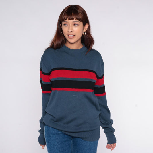 70s Meister Wool Sweater Striped Grey Red Black Crew Neck Extra Large XL