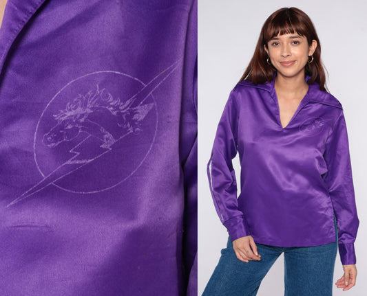 70s Daels Hawaii Purple Satin Polo Shirt Mustang Lightning Embroidered Small