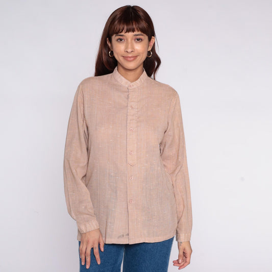 70s Mar Vista Cream Button-Up Blouse Band Collar Long Sleeve Medium