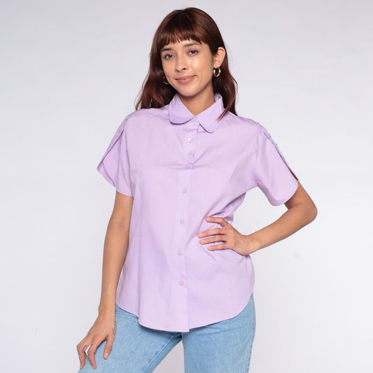 80s American Sweetheart Lavender Button Blouse Peter Pan Collar Medium M