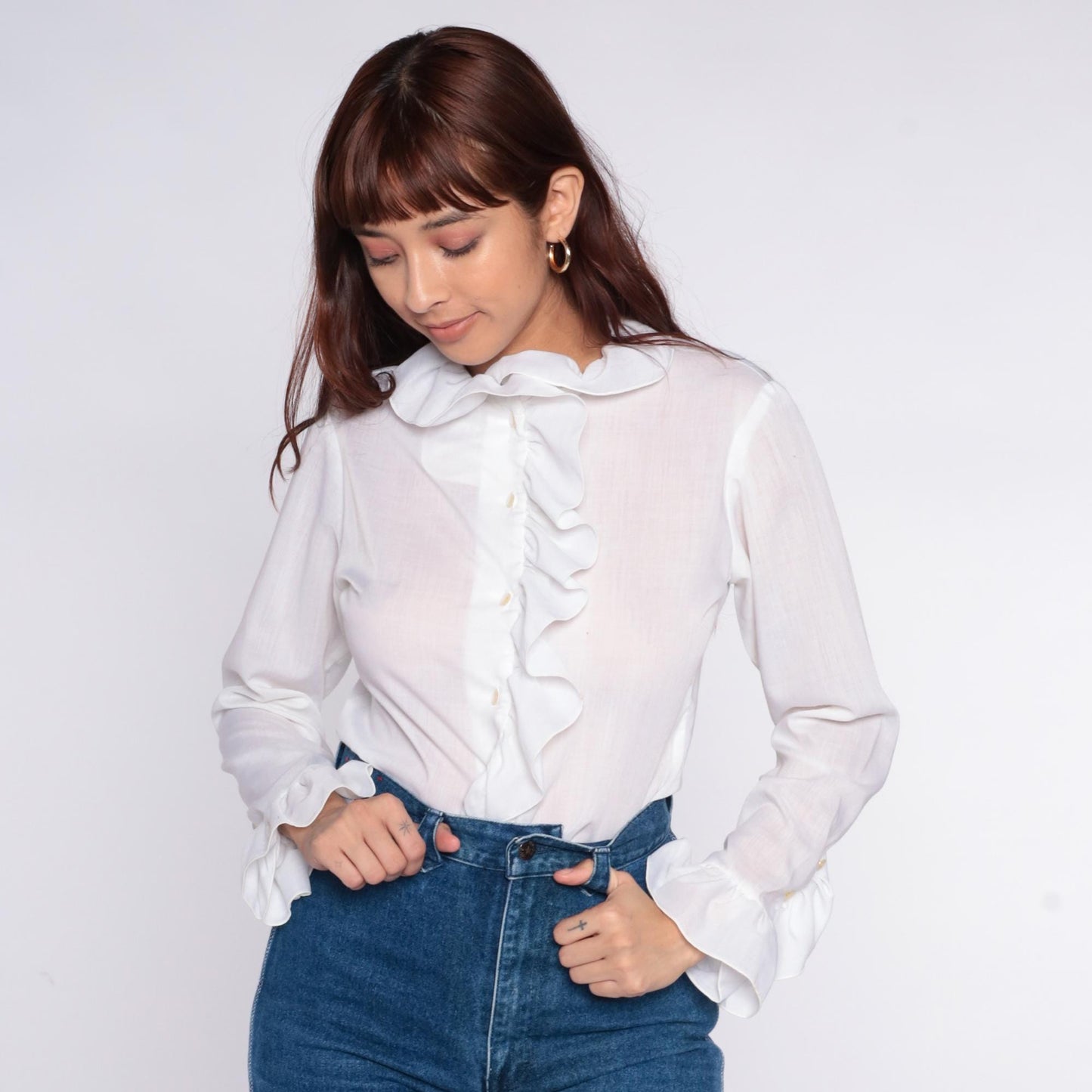 70s Fritzi White Ruffled Collar Cotton Blouse Medium M