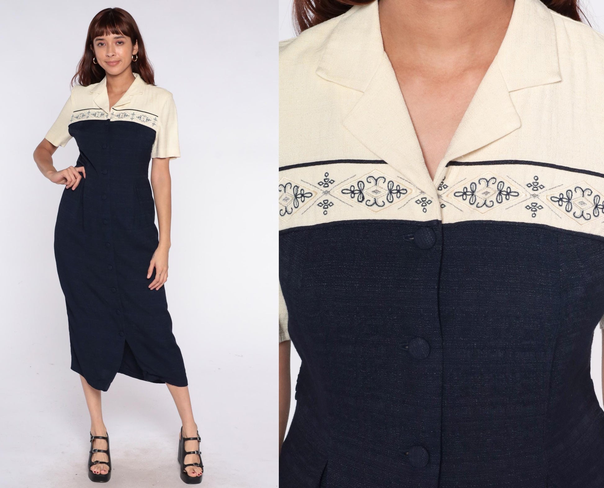 90s Dressbarn Color Block Midi Dress Cream Navy Collared Small
