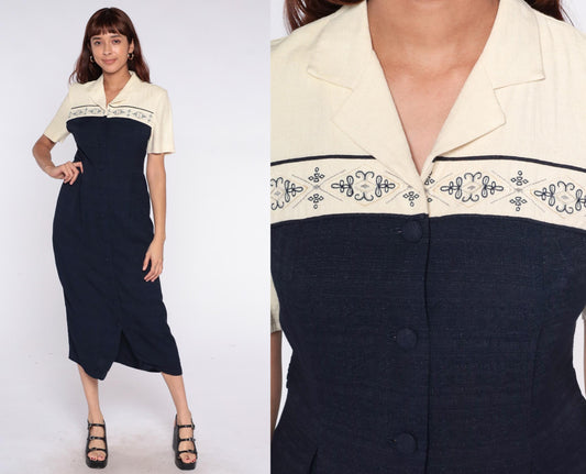 90s Dressbarn Color Block Midi Dress Cream Navy Collared Small