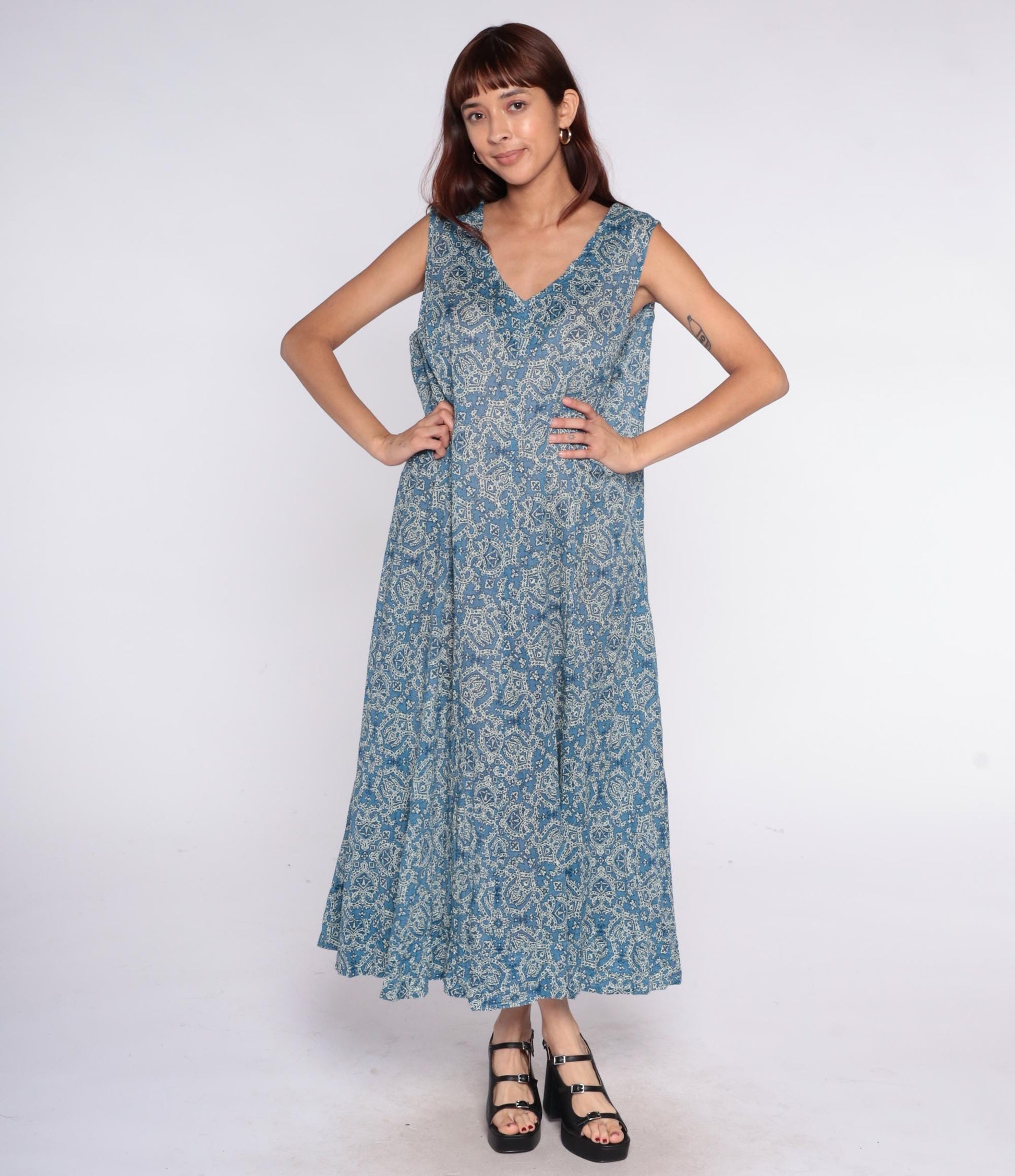 Y2K Coldwater Creek Blue Paisley Maxi Dress Plus Size Cotton V-Neck Sleeveless Extra Extra Large XXL
