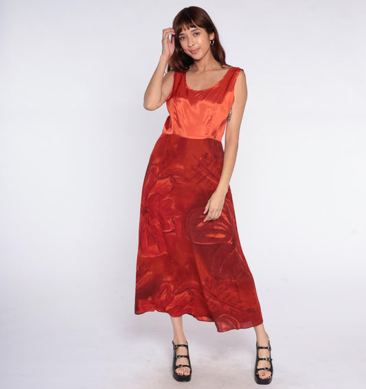 90s Positivity Attitude Red Floral Maxi Dress Sleeveless Rayon Large