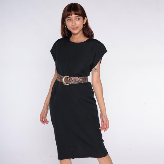 90s Black Midi Dress Crew Neck Cap Sleeve Shift Belted Medium