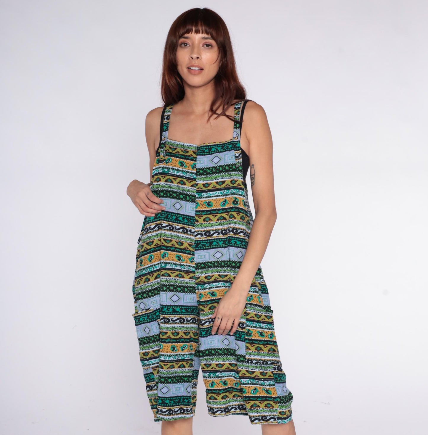 Y2K Striped Sleeveless Romper Geometric Print Teal Orange Mustard Medium