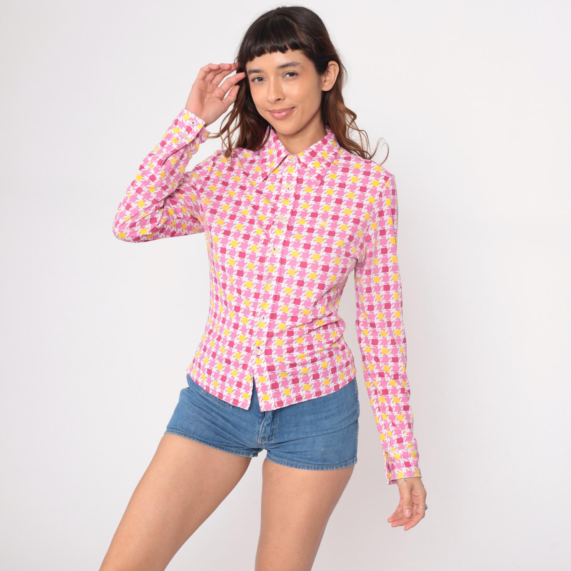 90s Guess Geometric Square Print Button Blouse Pink Yellow Small S