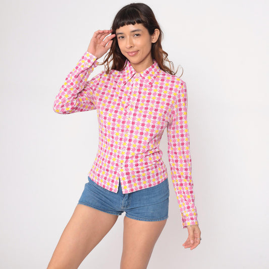 90s Guess Geometric Square Print Button Blouse Pink Yellow Small S