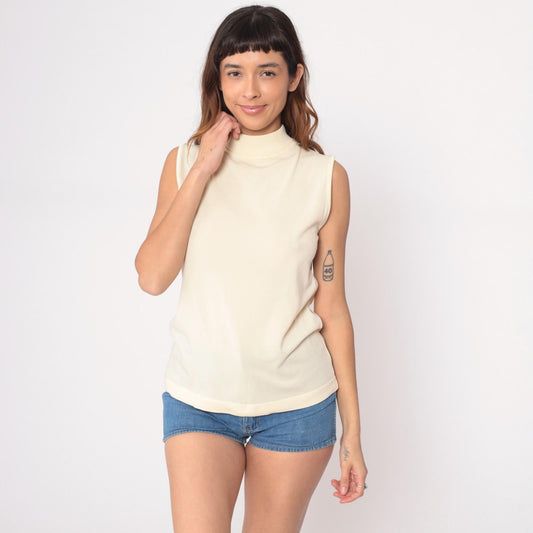 70s Cream Sleeveless Turtleneck Knit Shell Tank Top Small