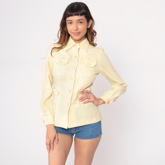 70s Yellow Safari Shirt Dagger Collar Button-Up Fitted Blouse Small