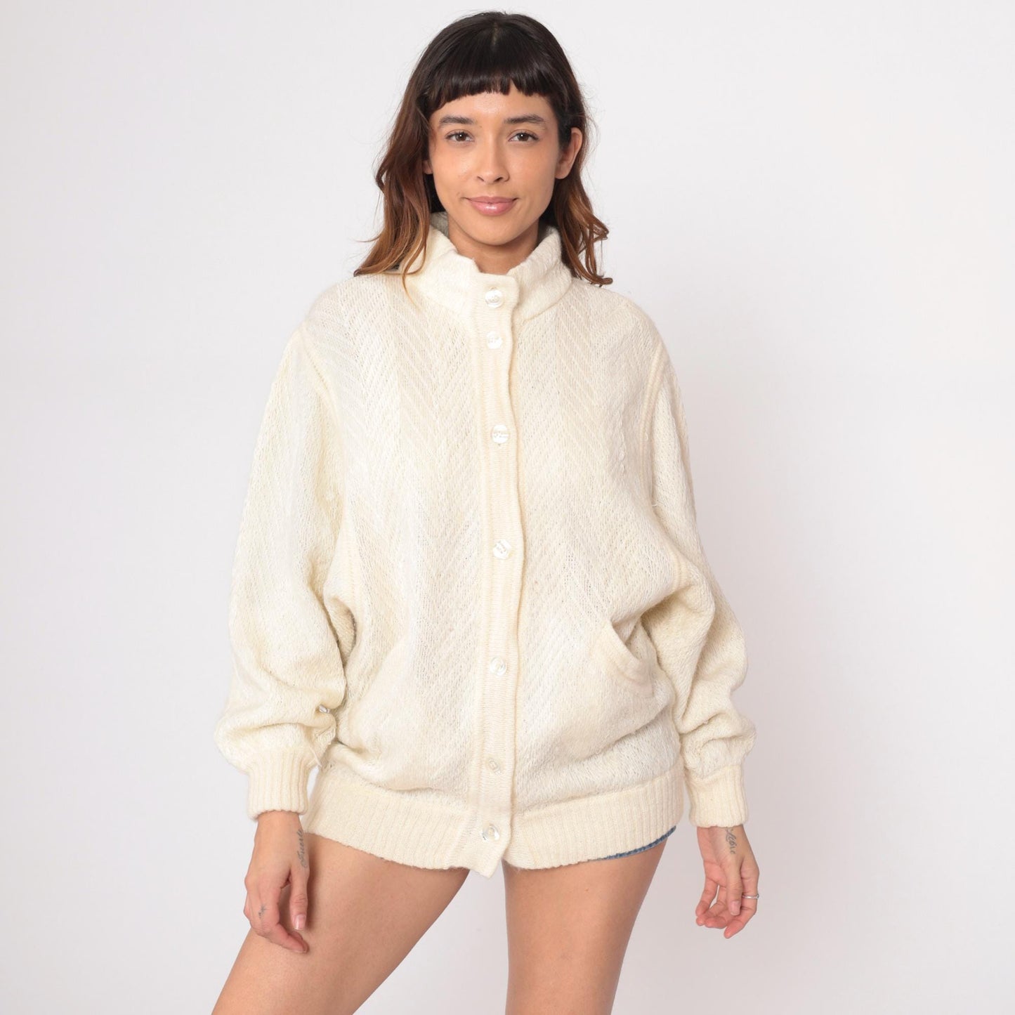 80s Leroy Cream Cardigan Open Lattice Knit Diamond Pattern Medium