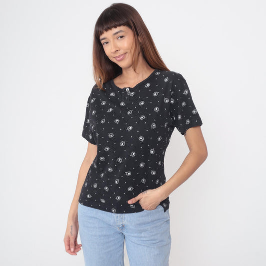 90s Liz Sport Floral Henley Top Black White Flowers Butterflies Small